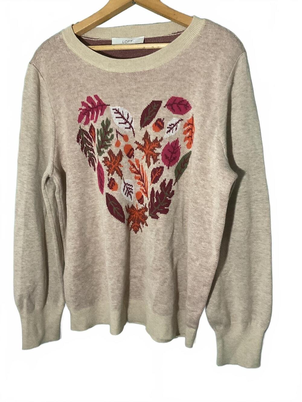 LOFT Beige Pullover Sweater with Heart Leaf Design, Size XL Holidays Fall